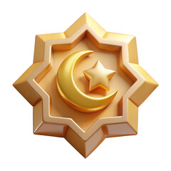 3d islamic geometric star emblem with crescent moon and star isolated on transparent background