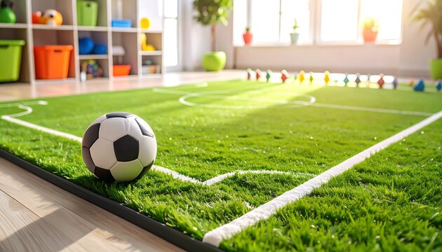 A vibrant children's playroom with a fun soccer field rug, promoting an active and healthy lifestyle at home