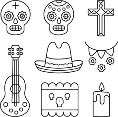 Obraz premium Day of the Dead icons, Day of the Dead sugar skull design, Day of the Dead skeleton outline, Day of the Dead guitar symbols, Day of the Dead altar vector, editable Day of the Dead holiday festival set