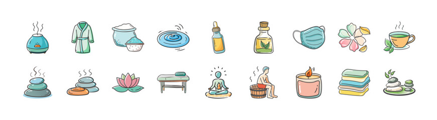 Spa wellness and relaxation doodle icons set - Collection of hand drawn spa and wellness doodle icons including massage, aromatherapy, skincare, herbal tea, and relaxation symbols.