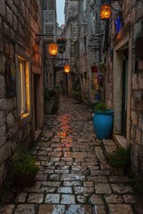 Fototapeta premium Cobblestone alleyway evening light