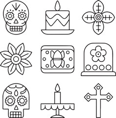 Fototapeta premium Day of the Dead vector, Day of the Dead skeleton icons, Day of the Dead mask outline, Day of the Dead altar design, Day of the Dead skull symbols, editable Day of the Dead cultural celebration set