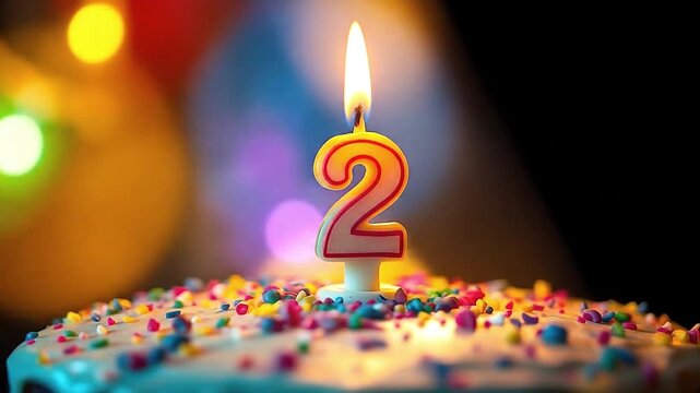 Lit candle on a sprinklecovered cake candle shaped like the number 2