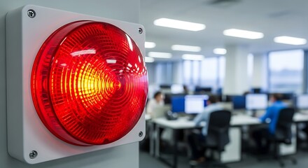 Alert Light Flashing in Office with People Working at Desks