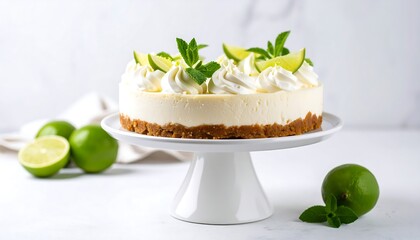 Lime cheesecake on a stand.  Fresh and tasty