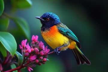 Colorful Bird Perched on a Branch with Flowers