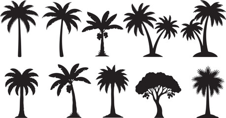 Obraz premium Minimalist black tropical tree icon set – hand-drawn silhouettes of palm trees and exotic foliage for botanical design, landscape planning, and nature-inspired visuals.