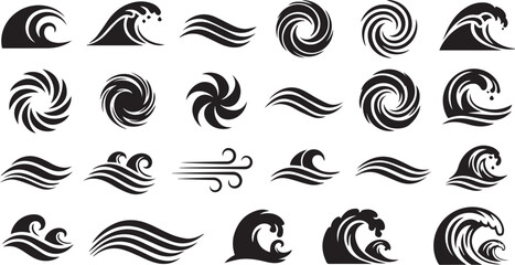 Minimalist black wave and swirl icon set – hand-drawn silhouettes of ocean currents, spirals, and fluid motion for nature-themed design, branding, and artistic visuals.