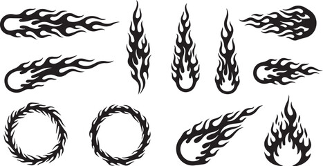 Minimalist black flame icon set – hand-drawn silhouettes of fireballs, streaks, and circular flames for tattoos, decals, graphic design, and energetic visuals. © Haider