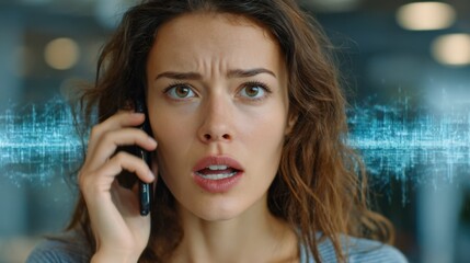A portrait of a woman looking shocked and distressed while on the phone. The visual effect highlights the anxiety and fear caused by scams and social engineering.