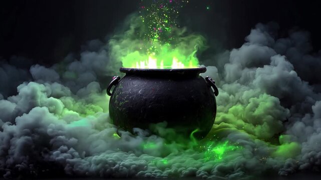 A cauldron surrounded by swirling green smoke emits bright colors and mysterious energy in a dark, atmospheric setting