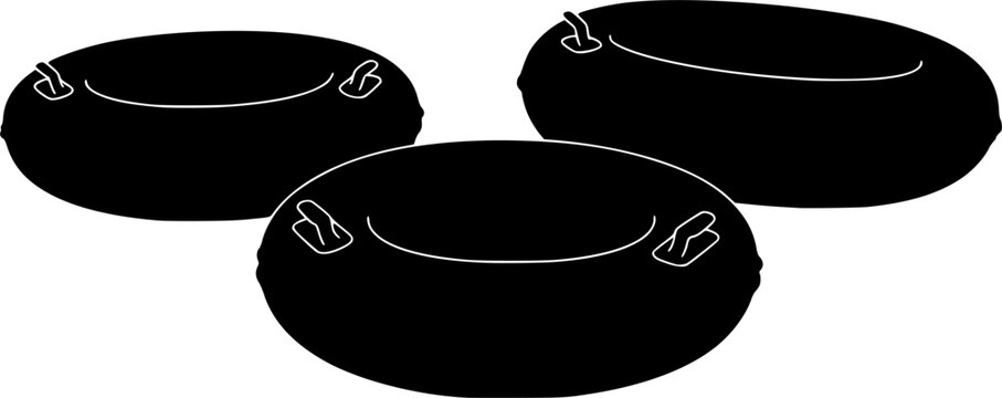 Three black inflatable river tubes for summer water recreation activities silhouette
