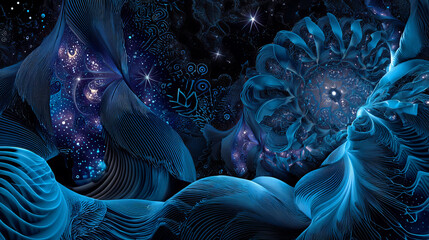 Abstract fractal patterns and shapes. Infinite universe.Mysterious psychedelic relaxation pattern. Dynamic flowing natural forms. Sacred geometry.Mystical branches and waves . 3D render.