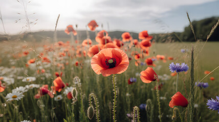 Obraz premium Peaceful countryside field filled with vibrant red poppy flowers