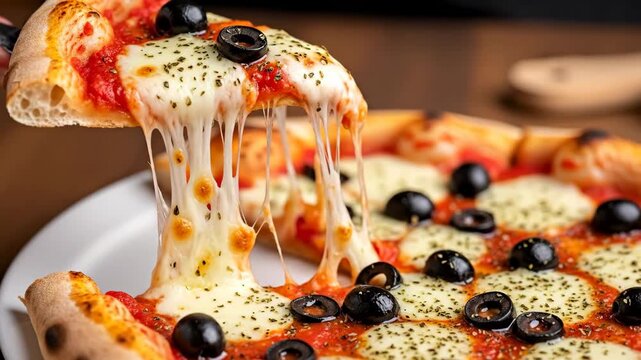 Delicious Italian Pizza Slice with Melted Cheese - A close-up shot of a slice of Italian pizza being lifted, showcasing strings of melted mozzarella cheese.