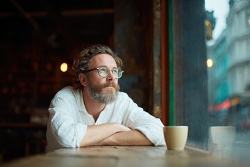 Contemplative man gazing out window, enjoying coffee, warm atmos