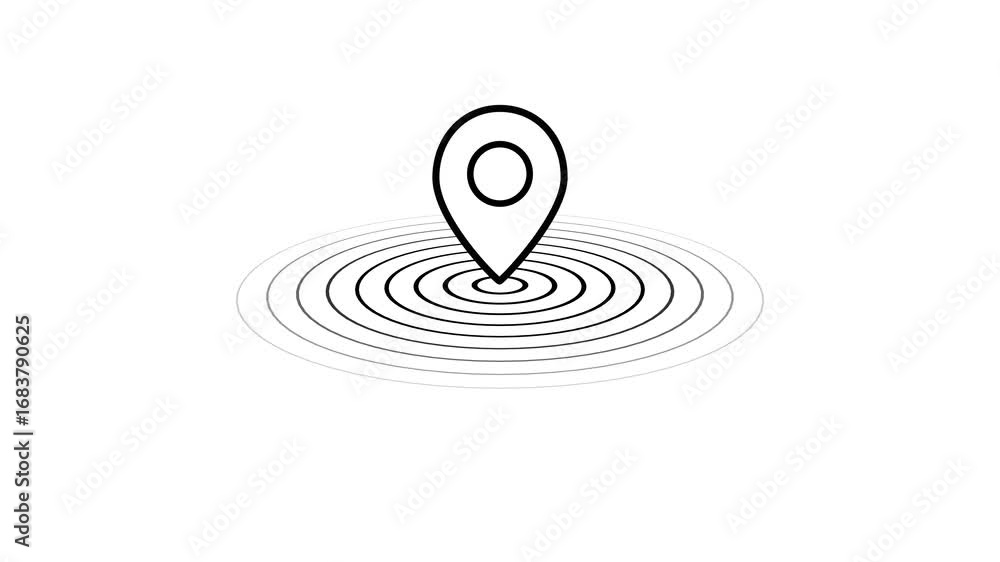 Poster glowing neon line location icon animation on white background with abstract motion effects, perfect 
