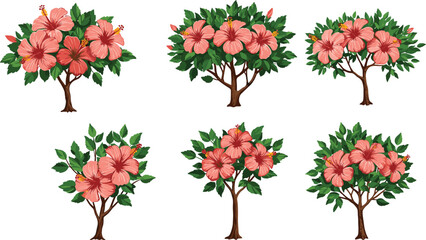 Beautiful tropical hibiscus flower trees illustration with vibrant green leaves and pink blossoms, perfect for nature, floral, botanical, and garden designs.