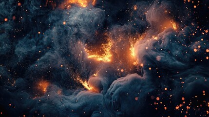 Cosmic Fire Clouds in Deep Space with Glowing Sparks