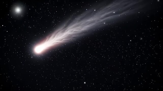 Epic long exposure captures a distant comets powerful, bright gaseous tail as a celestial brushstroke across the vast, star-filled canvas of space.