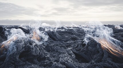 Cooling Lava with Steam Rising on Volcanic Rock