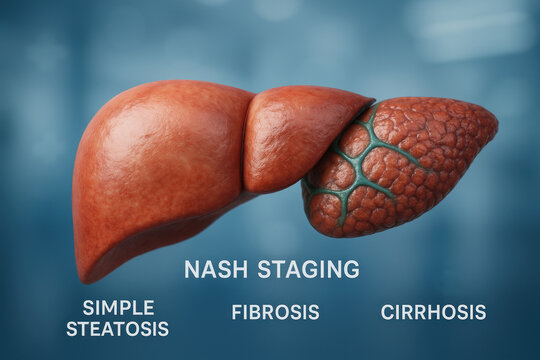 NASH Liver Stages Illustration: Simple Steatosis to Cirrhosis [Illustration]