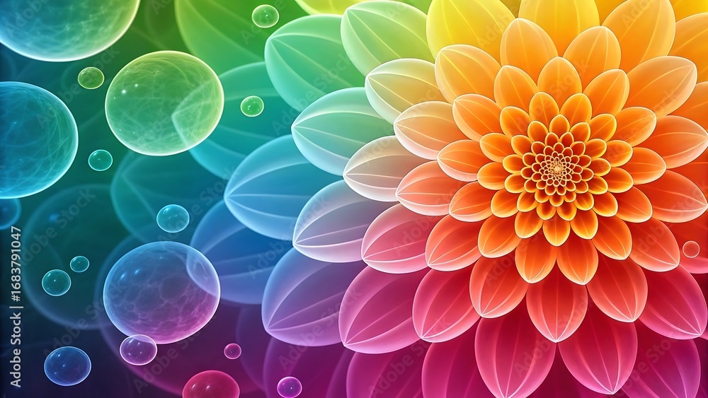 Poster abstract flower with rainbow petals and bubbles, gradient background design for modern art projects 