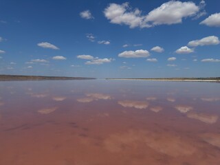 Unique Kuyalnik Estuary with pink water, salt deposits, and peaceful natural scenery under a bright...