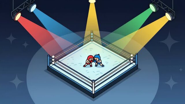 Illuminated Wrestling Ring - An isometric illustration of a wrestling ring brightly lit by colorful spotlights, with two cartoon wrestlers facing off inside.