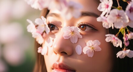 Fototapeta premium A woman s face adorned with delicate pink cherry blossoms in soft sunlight