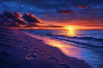 Sunset Over the Ocean with Footprints