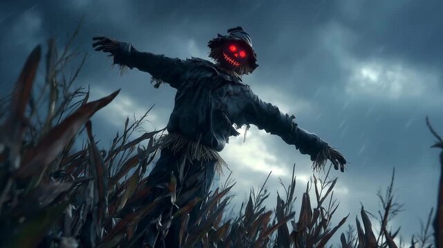 A scarecrow with glowing eyes stands tall in a cornfield as dark clouds gather above during Halloween evening