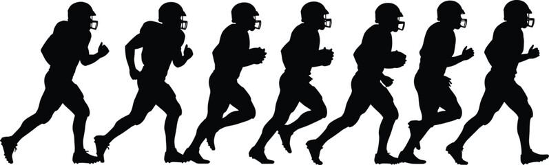 Obraz premium Football player running motion silhouette sequence in black vector style, showing dynamic athletic movement, gear, helmet, and sports action
