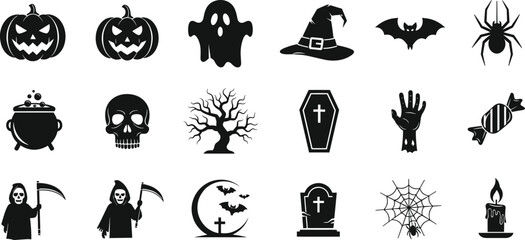 Halloween icon set in black silhouette style featuring spooky symbols like pumpkins, ghosts, reapers, bats, and haunted house elements