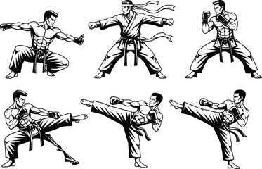 Martial arts fighter silhouettes in black vector style showing stances, kicks, punches, and discipline across six dynamic action poses