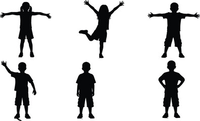Silhouettes of children in various standing and playful poses, showcasing gestures, body language, and youth expression in vector style