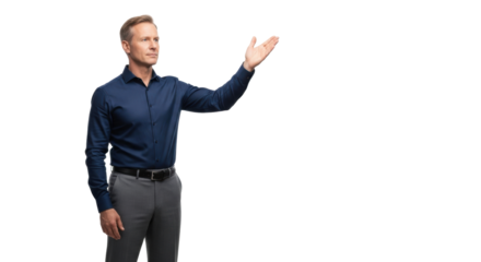 Middle-aged caucasian man in navy shirt and grey trousers, gesturing calmly, isolated on transparent studio background with copy space. Concept of business expertise and authority