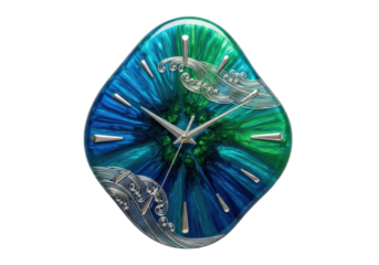 Analog wall clock, fluid organic shape, translucent oceanic blue green resin, pearlescent, etched silver wave markers, polished silver hands at 10:10, white background, studio shot. Concept of fluid