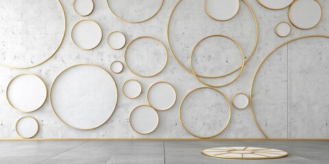 abstract background with circles in green and gold colors. 3d rendering,Interior of a modern room with a marble wall and wooden floor Background.