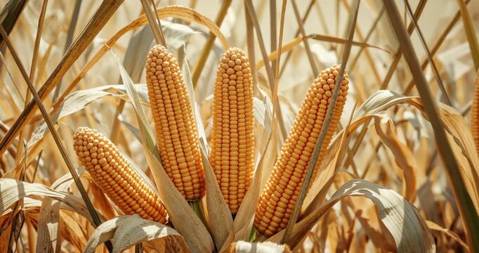 Camera holding four ripe corn ears amid dry stalks in field, emphasizing texture