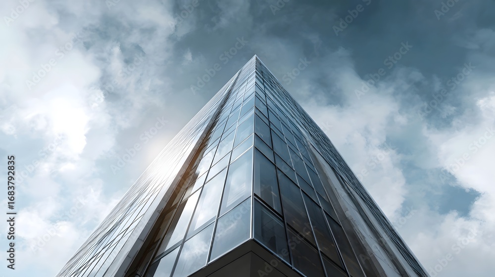Poster a modern glass building with sharp architectural lines reflecting the bright sky and clouds creating
