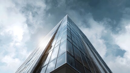 A modern glass building with sharp architectural lines reflecting the bright sky and clouds creating a dynamic urban business scene