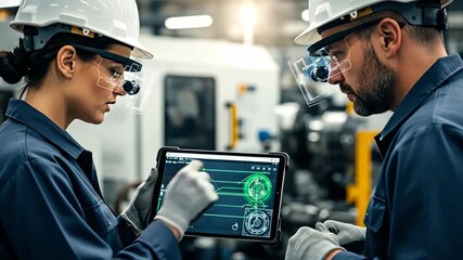 Engineers Collaborating with Augmented Reality and Tablet - Two engineers, wearing hard hats and augmented reality glasses, are using a tablet to review data and collaborate on a project. - Powered by Adobe
