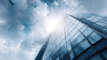 Modern glass skyscraper reaching towards a bright sunlit sky with dramatic clouds embodying urban aspi n and architectural design