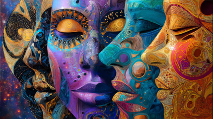  Human profiles executed in surreal painting style on the subject of dreams, passions, creativity and imagination.A state of euphoria and meditation. Abstract fractal patterns and shapes.