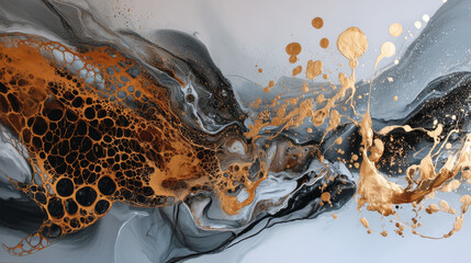 Painted background. Abstract emotional art. Modern design element. Golden liquid acrylic paints