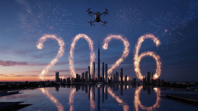 Dubai skyline illuminated with fireworks forming the year 2026, captured by a drone, symbolizing future celebrations and urban development