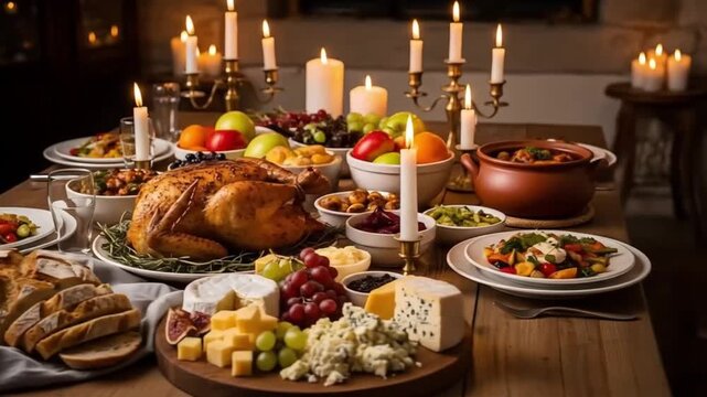 Feast thanksgiving dinner table setting with turkey candles and various side dishes ready to serve video 4k Video 4k
