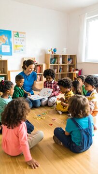 Children in a classroom listening to a teacher
