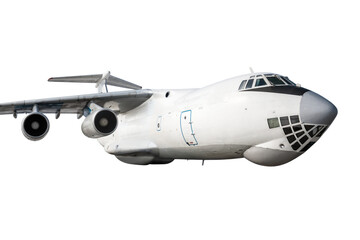 White wide body transport cargo airplane fly isolated
